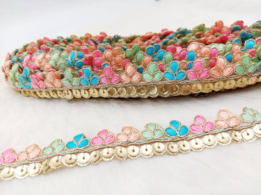 Gold Sequins Floral Embroidery Tissue Fabric Scallop, Cutwork Lace Trim, Decorative Trim